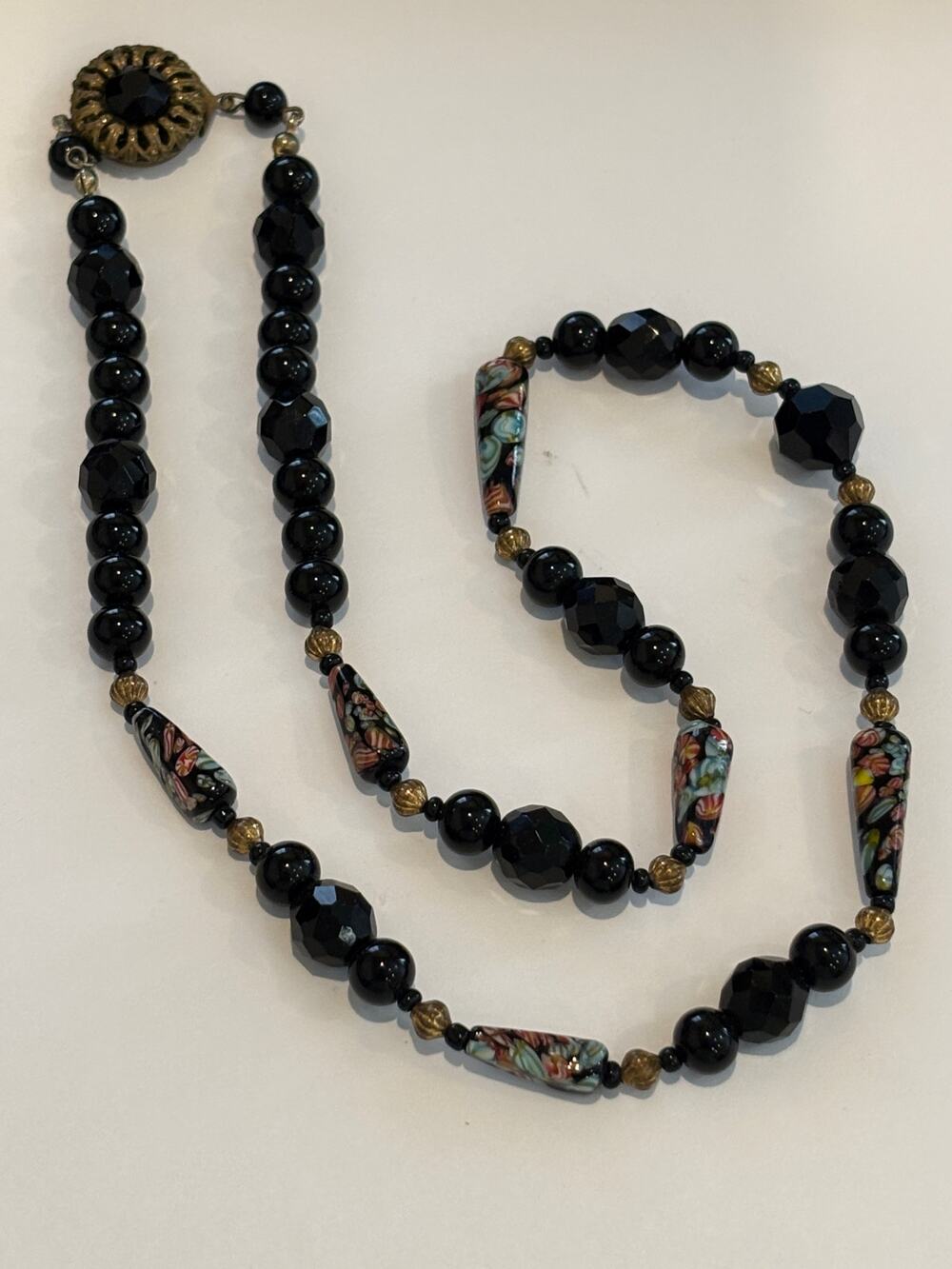 Vintage Glass Beaded Necklace Tombo Beads Millefiori Japan Black Ornate Clasp